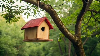 Birdhouse Hanging from Tree Branch, Slightly Wind-Swayed Realism Capturing Tranquil Nature, Gentle Movement, and the Simple Harmony Between Wildlife and Peaceful Outdoor Life