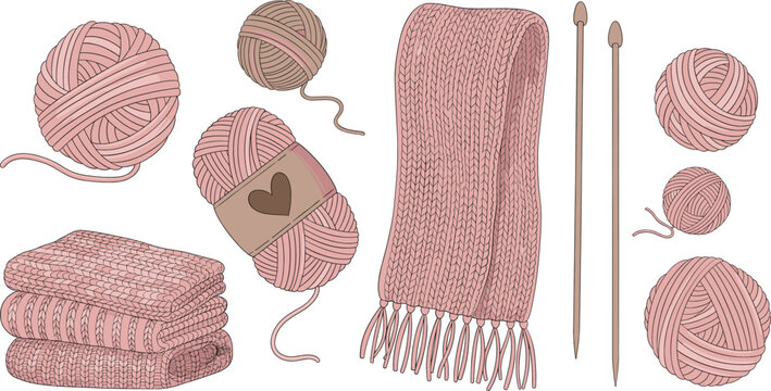 Knitting and crochet supplies vector illustration set with yarn balls needles scarf and cozy handmade items - Powered by Adobe