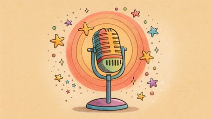 Fototapeta premium Colorful microphone with stars and circular aura illustration