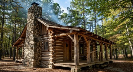 Rustic wooden dwelling with a prominent stone chimney sits nestled within a dense forest setting