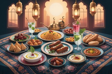 Turkish feast for Ramadan Kareem with sunset mosque window view