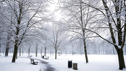 Snowy Winter Park Scene with Bare Trees and Benches Covered in Fresh Snowfall