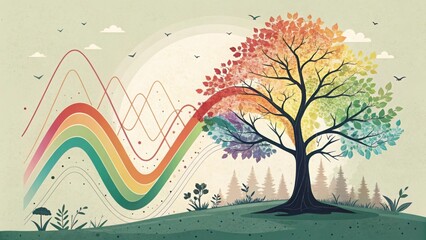 Colorful waveform tree representing growth and nature