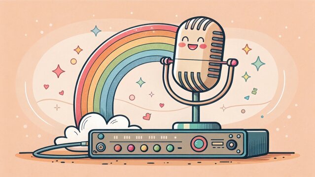 Cute Cartoon Microphone Beside a Rainbow and Sound Equipment