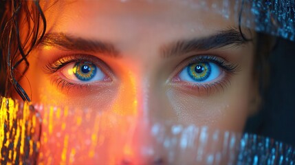 Woman's eyes reflecting digital data in a futuristic setting