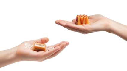 Two hands holding delicious candies. One offers a square caramel, the other, a wrapped caramel. Focus on treat and sharing