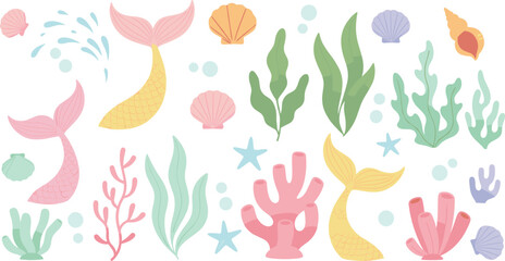 Pastel underwater sea elements vector illustration set with corals seaweed shells starfish and mermaid tails