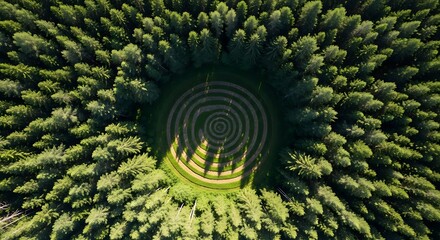 Aerial view captures a perfectly circular labyrinth design carved into a clearing surrounded by dense coniferous forest