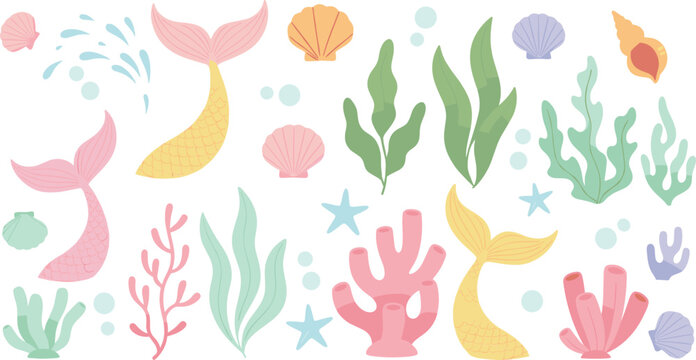 Pastel underwater sea elements vector illustration set with corals seaweed shells starfish and mermaid tails