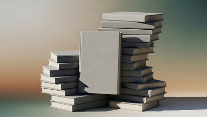 Stack of assorted books in varying sizes and colors isolated on a gradient background
