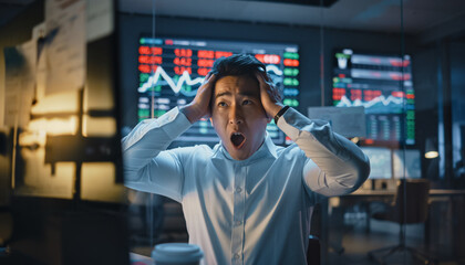 Shocked Trader Reacting to Stock Market Crash on Trading Screens