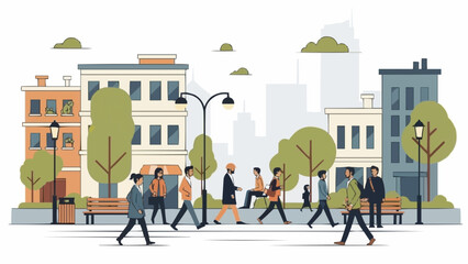 People walking on a city street with buildings and trees. © Man