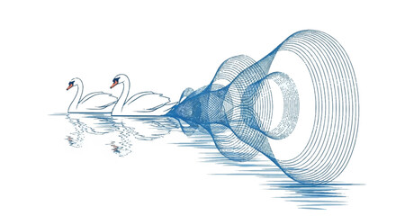 Elegant white swan on calm water with abstract blue geometric line art and reflection.