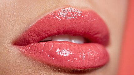 Close up of luscious glossy pink lips
