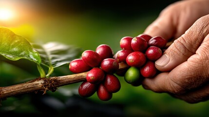 Coffee cherries are picked by hand on a farm in the morning light during harvest season in a tropical location