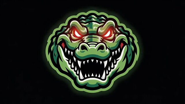 Aggressive alligator or crocodile head mascot illustration with bright green glowing outline and dark background