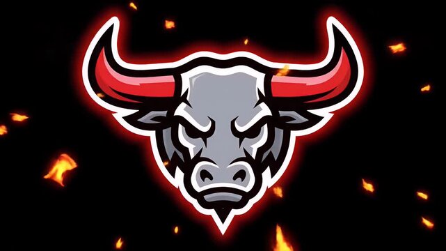 Angry bull head mascot illustration with fiery red horns on black background