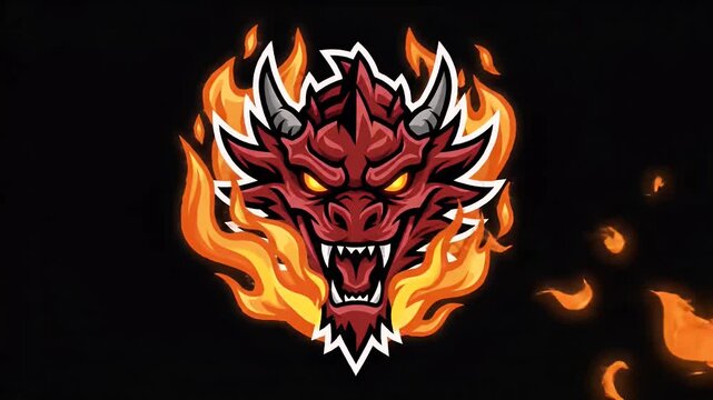 Fierce red dragon head with glowing eyes and flames on black background illustration