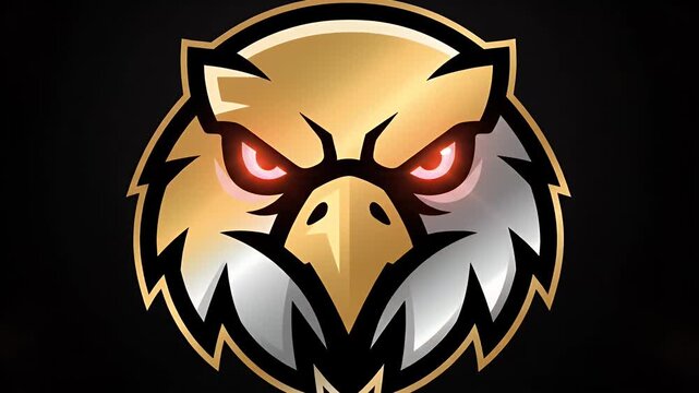 Golden bird head mascot design with intense red eyes on dark background esport gaming identity