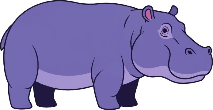A friendly, full-body cartoon hippo with purple skin, outlined in black, standing against a white background