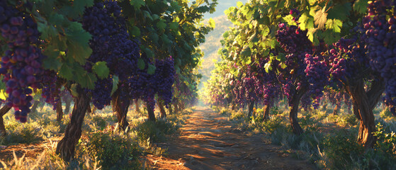 High-angle vineyard at golden hour, long symmetrical rows of grapevines full of large dark purple grape clusters