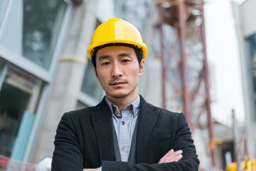 Handsome Asian engineer wearing a yellow hard hat stands confidently at a construction site in an urban setting while overseeing project progress