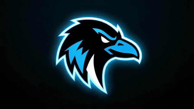 Powerful eagle head icon with blue neon glow on dark background digital illustration