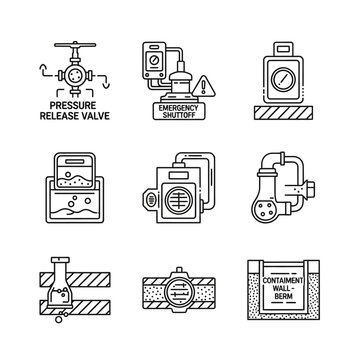 A modern collection of line art icons illustrating essential industrial safety equipment, process control systems, and containment structures crucial for engineering.