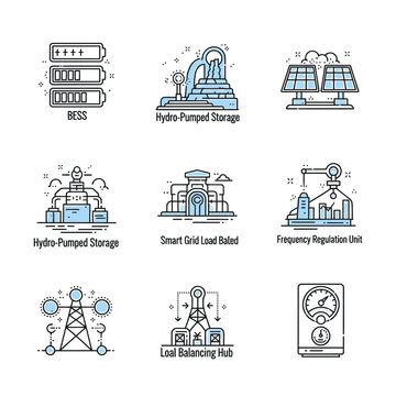 A comprehensive collection of line icons illustrating various aspects of smart grid technology, renewable energy storage, and efficient power management systems.