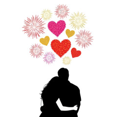 Loving couple embracing with colorful heart and firework explosion