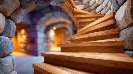 Spiral wooden staircase in rustic stone archway indoors