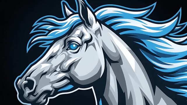 Powerful stylized horse head illustration with dynamic blue mane and strong expression