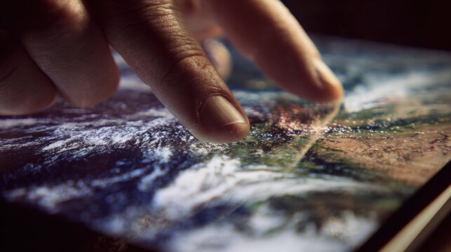 Finger touching digital world map on screen - Powered by Adobe