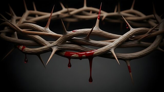 Crown of Thorns with Red Blood Droplets on a Dark Background, Symbolizing the Passion and Crucifixion of Jesus Christ