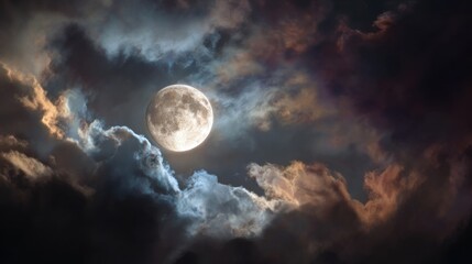 Full moon glowing through dramatic storm clouds