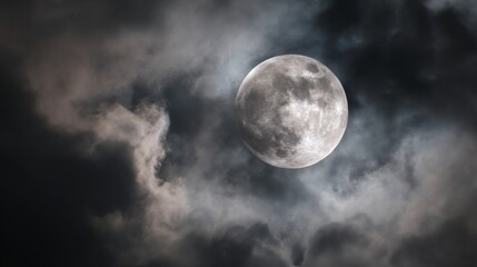Full moon shining through dramatic clouds at night