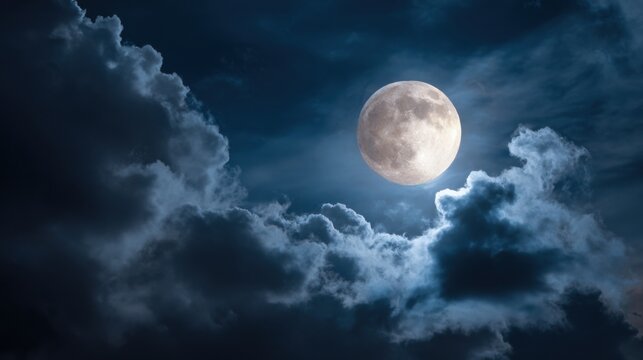 Full moon glowing through dramatic night clouds