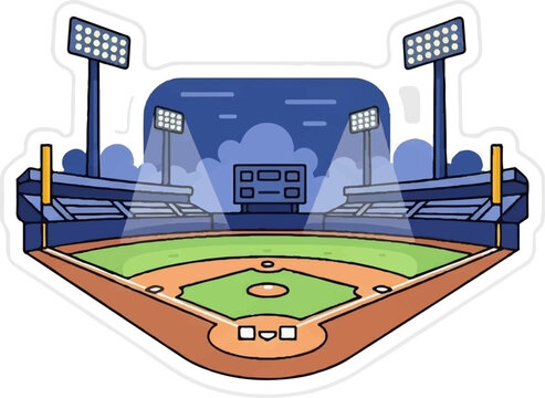 A vibrant cartoon illustration of an empty baseball stadium at night, featuring a field, stands, and lights