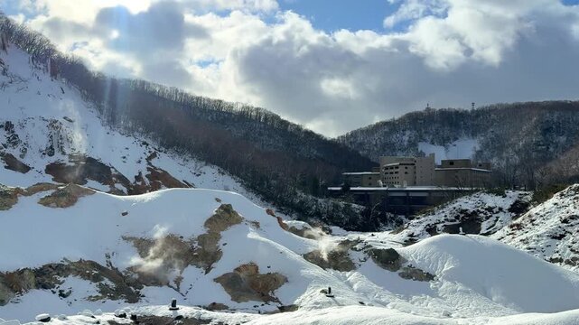 Scenic view of Jigokudani Hell Valley Volcano in winter, Noboribetsu , Hokkaido