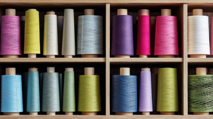Colorful spools of thread organized in a wooden shelf for craft and sewing projects in vibrant hues and shades