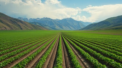 Vast green crop fields stretch toward distant mountains under a partly cloudy sky.