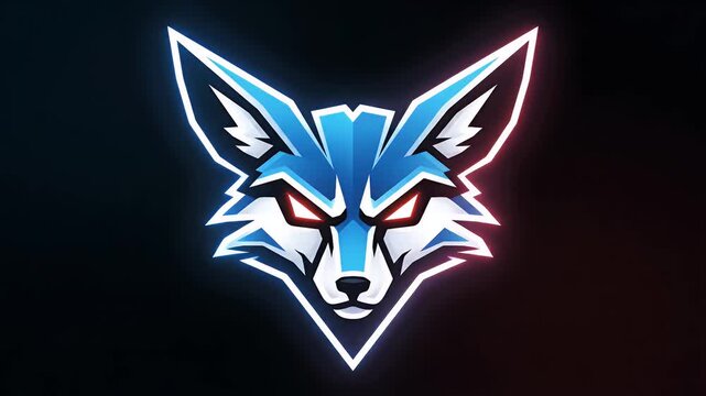 Stylized electric blue fox head logo with glowing lines and red eyes on dark background