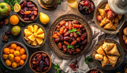   
Festive table with ornate bowl of dates, fruits, and pastries on pink cloth, celebrating tradition and abundance.