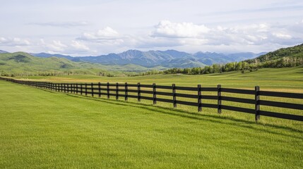 A wooden fence stretches across a lush green field with distant mountains under a partly cloudy sky.