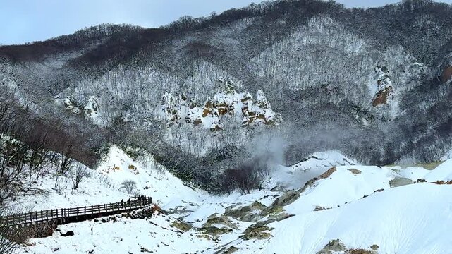 Scenic view of Jigokudani Hell Valley Volcano in winter, Noboribetsu , Hokkaido
