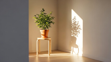Sunlit indoor corner with potted plant on wooden stool in minimalist room