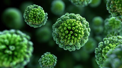 Microscopic view of spherical green virus particles