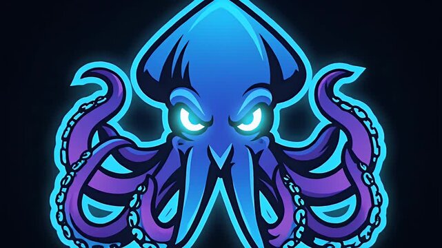 Vibrant glowing blue and purple squid or octopus digital art illustration on dark background