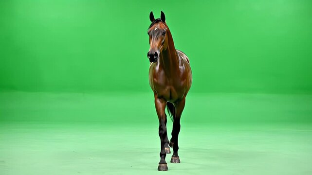 Elegant brown horse standing calmly on vibrant green screen background