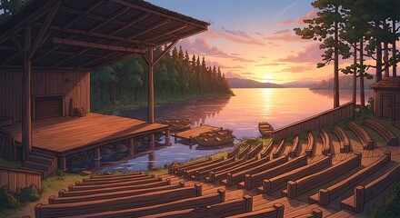 Serene Lakeside Theater at Sunset with Steps.